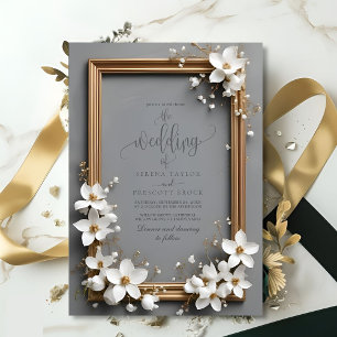 Chic Vintage Floral Golden Frame Wedding Invitation