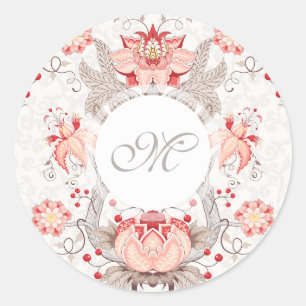 Chic Vintage Floral Pattern damask Monogram Stick Classic Round Sticker