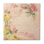 Chic Vintage Floral Tile<br><div class="desc">Romantic and nostalgic design featuring text from French advert, heirloom roses in yellow and pink, and engraved flourishes on a softly aged pink trellis background.</div>