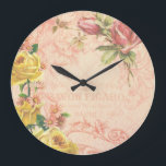 Chic Vintage Floral Wall Clock<br><div class="desc">Romantic and nostalgic design featuring text from French advert, heirloom roses in yellow and pink, and engraved flourishes on a softly aged pink trellis background.</div>