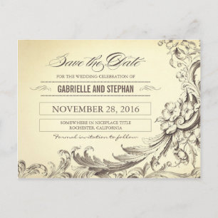 Chic vintage flourishes save the date postcards