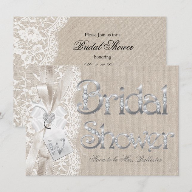 Chic Vintage Lace Silver Burlap Bridal Shower Invitation (Front/Back)