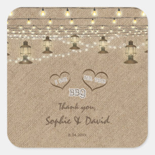 Chic Vintage Lantern String Lights Burlap I DO BBQ Square Sticker