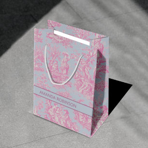 Chic Vintage Medium Blue Pink Toile de Jouy Gift Bag