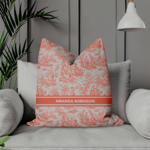 Chic vintage orange toile de jouy printed throw pillow