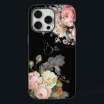 Chic Vintage Personalized Roses & Iris  iPhone 15 Pro Max Case<br><div class="desc">Beautiful,  timeless and elegant sprays of artistic pink and white roses,  peonies and purple bearded iris with delicate foliage. Includes an editable text field for your personalization and the background colour is customizable.</div>