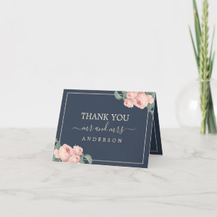 Chic Vintage Pink Rose Dark Blue Photo Wedding Thank You Card