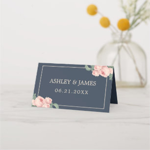Chic Vintage Pink Rose Dark Blue Wedding Place Card