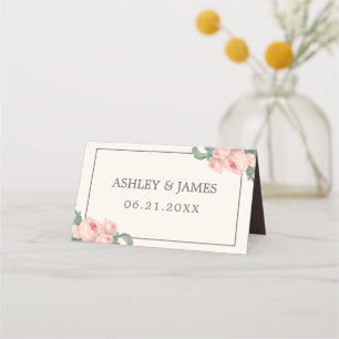 Chic Vintage Pink Rose Off-White Burgundy Wedding Place Card