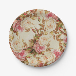 Chic vintage pink white brown roses floral pattern paper plate