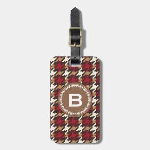 Chic vintage red brown houndstooth plaid monogram luggage tag
