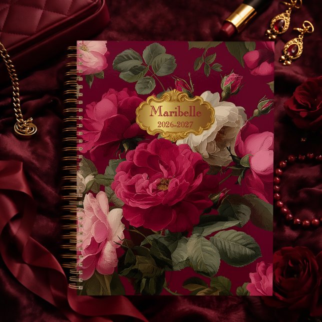 Chic Vintage Rose Red Floral  Monogrammed  Planner (Chic Vintage Romantic Rose Red Monogrammed Planner )