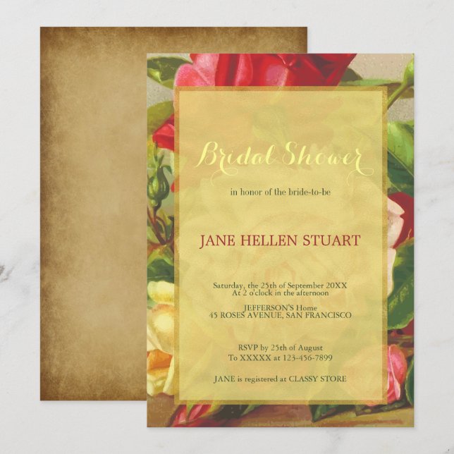 Chic vintage roses gold framed bridal shower invitation (Front/Back)