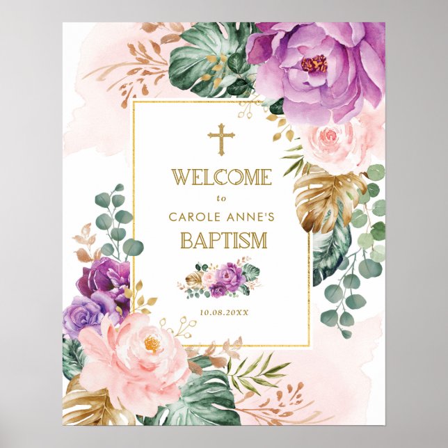 Chic Violet Blush Tropical Floral Greenery Baptism Poster (Front)