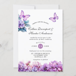 Chic Violet Hydrangea Butterfly Wedding Invitation