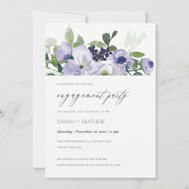 Chic Violet Purple Floral Leafy Engagement Invite (Front)