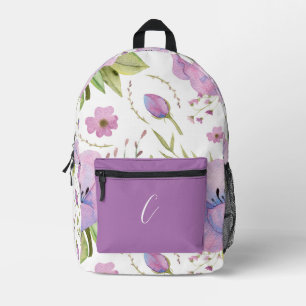 CHIC VIOLET PURPLE FLORAL PATTERN CUSTOM NAME PRINTED BACKPACK