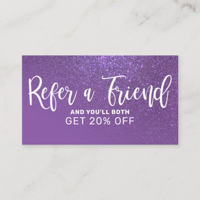 Chic Violet Purple Glitter Gradient Typography Referral Card (Front)