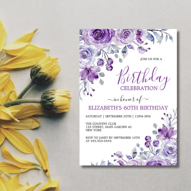 Chic Violet Rose Floral Botanical Birthday Invitation (Creator Uploaded)