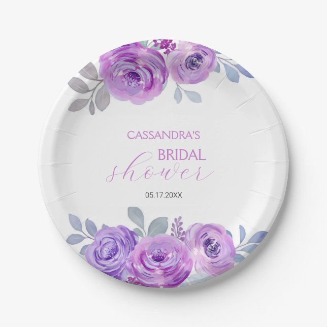 Chic Violet Rose Greenery Floral Bridal Shower  Paper Plate (Front)