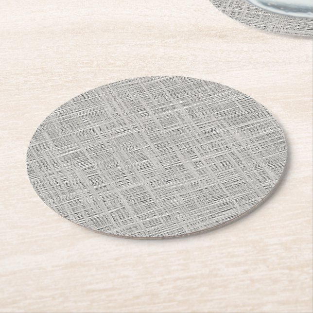 Chic Warm Grey Faux Jute Fabric Pattern Round Paper Coaster (Angled)