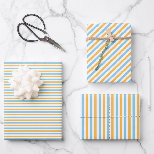 Chic Warm Yellow and Sky Blue Stripes Wrapping Paper Sheet (Front)