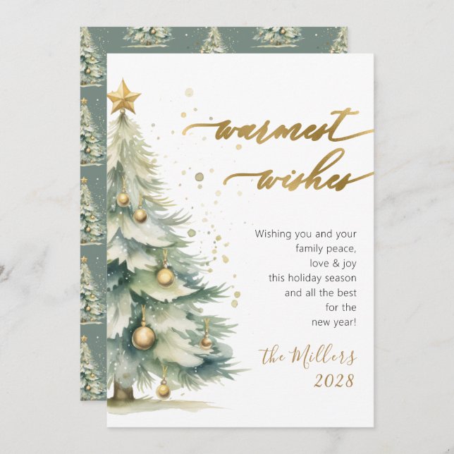 Chic Warmest Wishes Gold Script Christmas Tree Holiday Card (Front/Back)