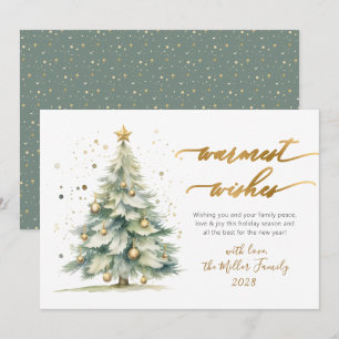Chic Warmest Wishes Gold Script Christmas Tree Holiday Card
