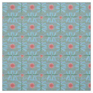 Chic Water Lilies and Dragonflies on Blue Fabric