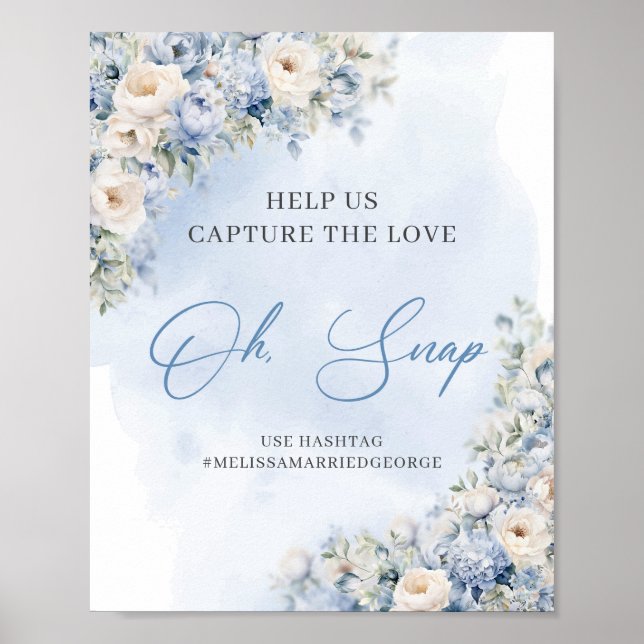 Chic watercolor blue and beige peonies oh snap poster (Front)