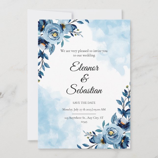 Chic Watercolor Blue Flower Save the Date Wedding Invitation (Front)