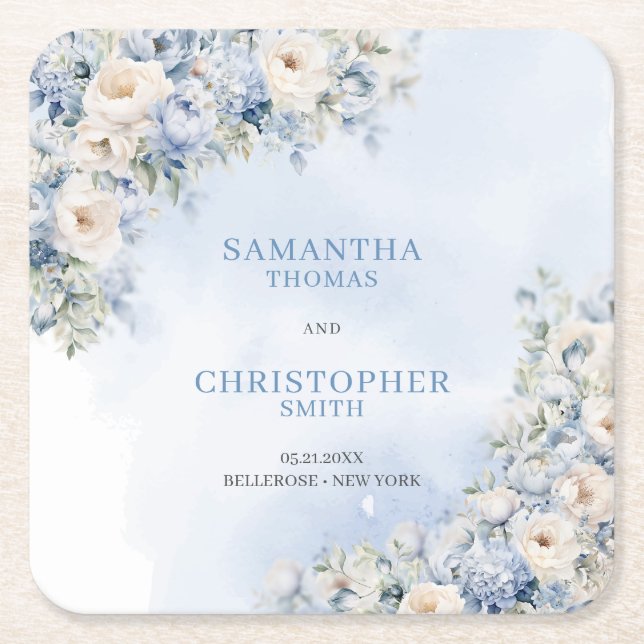 Chic watercolor blue hydrangea white roses square paper coaster (Front)