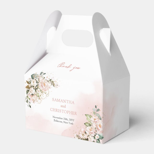Chic watercolor blush flowers eucalyptus gold favor box (Front Side)