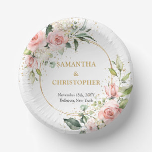 Chic watercolor blush flowers eucalyptus gold paper plate
