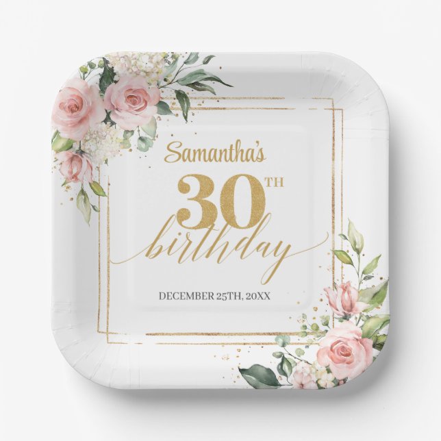 Chic watercolor blush flowers eucalyptus gold paper plate (Front)