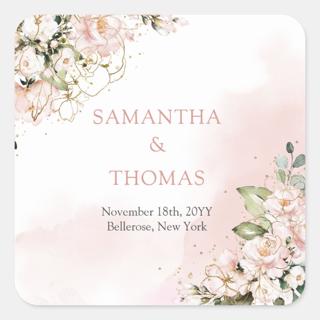 Chic watercolor blush flowers eucalyptus gold square sticker (Front)