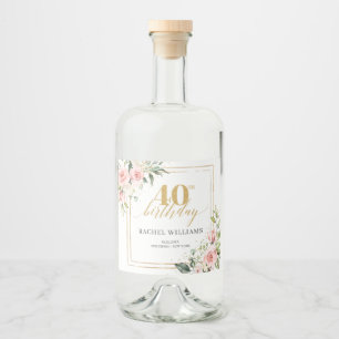 Chic watercolor blush flowers gold 40th birthday liquor bottle label