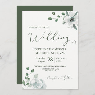 Chic Watercolor Botanical Green Wedding Script Invitation