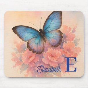 Chic Watercolor Butterfly Floral Custom Name Mouse Pad