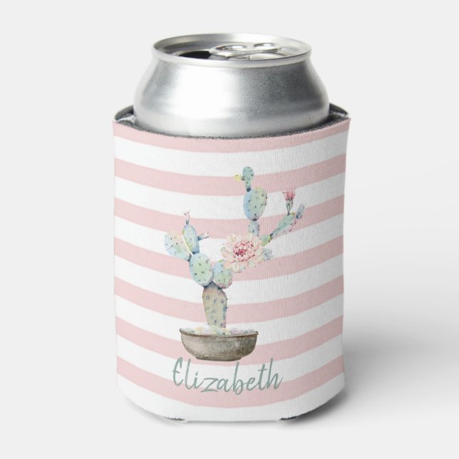 Chic Watercolor Cactus,Pink Stripes   Can Cooler (Can Front)