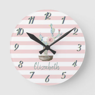 Chic Watercolor Cactus,Pink Stripes   Round Clock