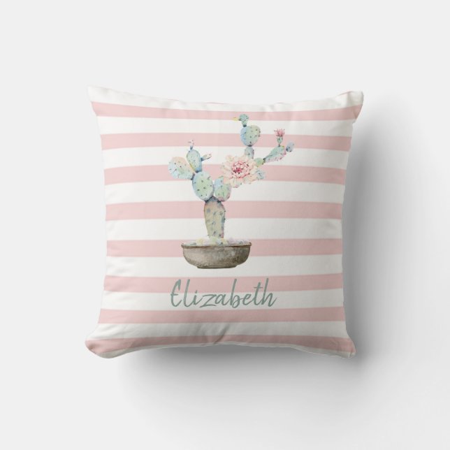 Chic Watercolor Cactus,Pink Stripes Throw Pillow (Front)