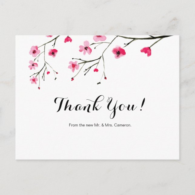 Chic watercolor Cherry Blossom Wedding Thank You Postcard (Front)