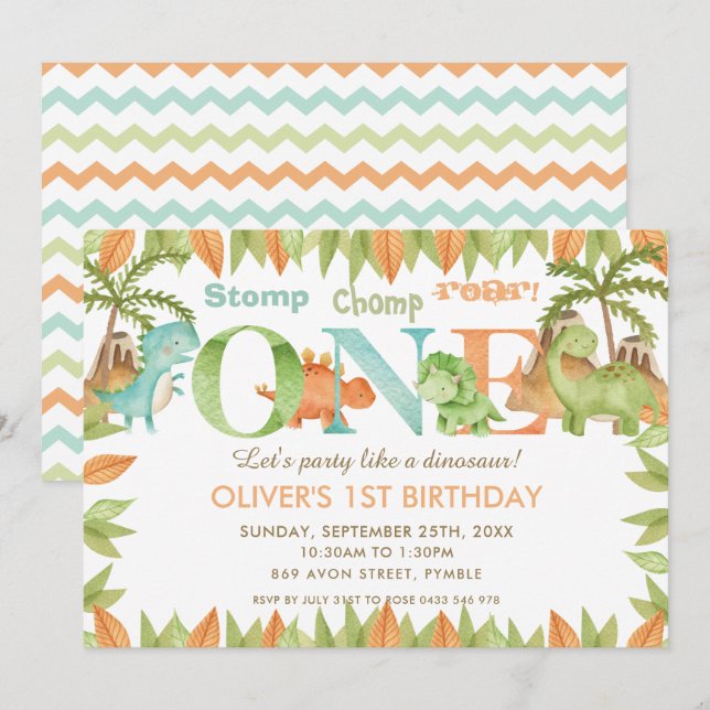 Chic Watercolor Cute Dinosaur 1st Birthday Party Invitation (Front/Back)