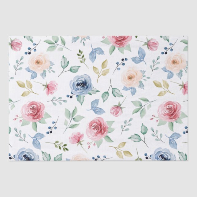 Chic Watercolor Delicate Flowers Foliage Pattern  Tissue Paper (Front)