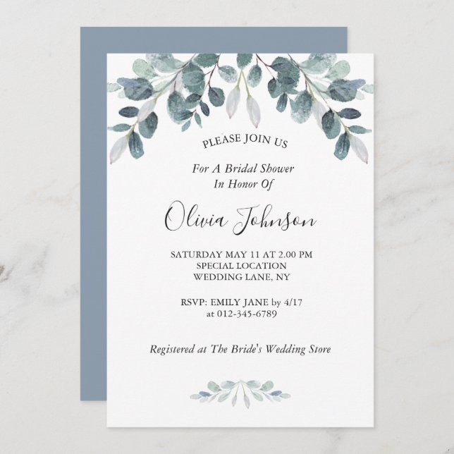 Chic Watercolor Eucalyptus Bloom Bridal Shower Invitation (Front/Back)
