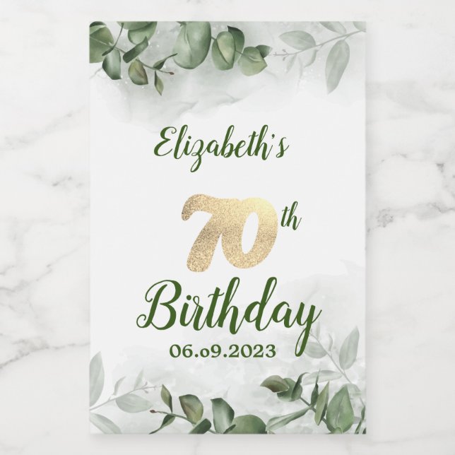 Chic Watercolor Eucalyptus Greenery 70th Birthday  Wine Label (Single Label)