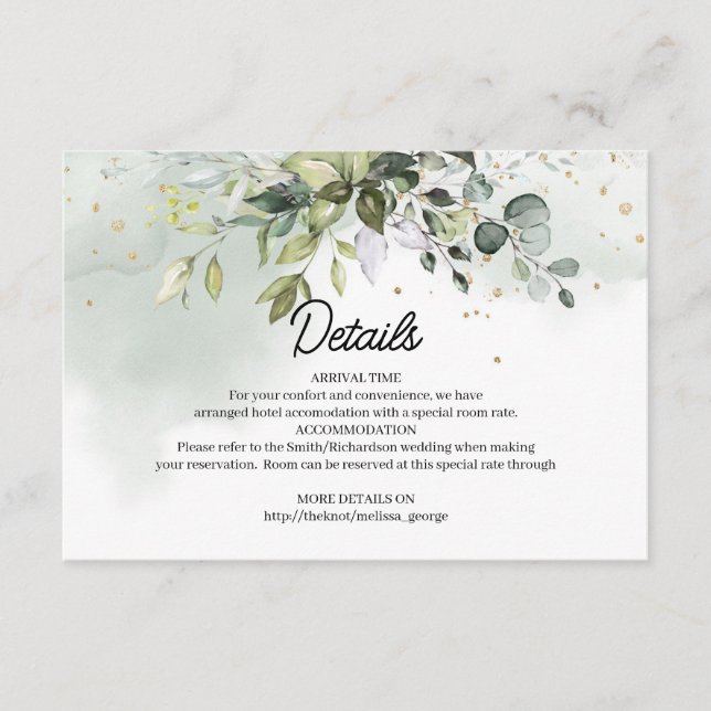 Chic watercolor eucalyptus greenery gold sparkles enclosure card (Front)