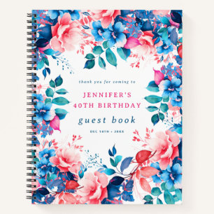 Chic Watercolor Floral 40th Birthday Guest Book