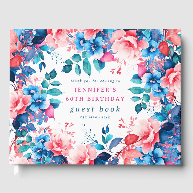 Chic Watercolor Floral 60th Birthday Guest Book (Front)